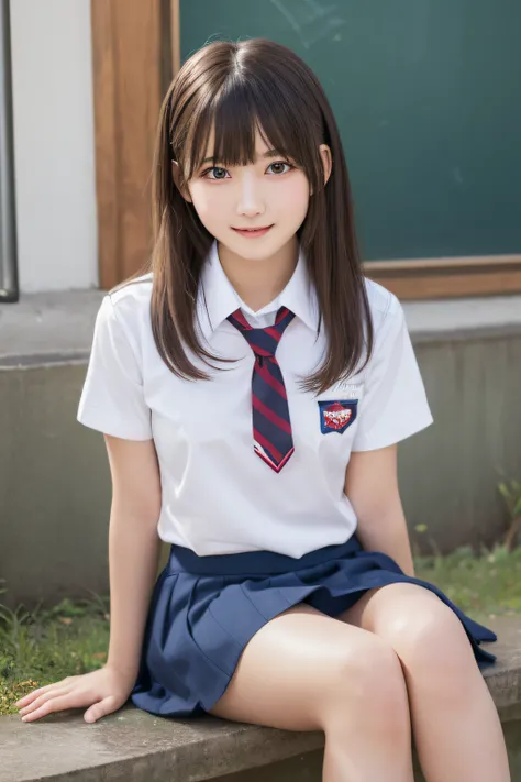 masutepiece, Best Quality, One girl, (Beautiful Girl:1.3), (16 years old:1.2), Very fine eye definition, (Symmetrical eyes:1.3), ((NSFW)), (School uniform,  Cute skirt:1.3), Beautiful breasts, Brown eyes, Parted bangs, Brown hair, Upper teeth