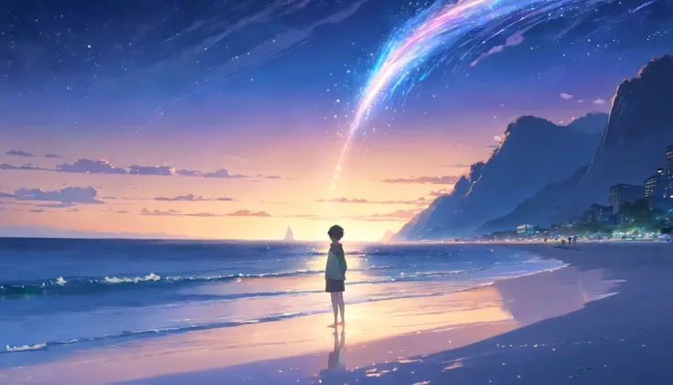 masterpiece, best quality, anime scenery, a male standing alone at the beach, gloomy beach, night at the beach, wave, water, ocean, moonlight, sparks, comet, stars, fallen stars, galaxy