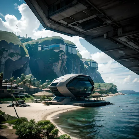 (masterpiece), best quality. beach ,isolated island, ((modern yet futuristic structures))  ((scary , mysterious)) . detailed tex...