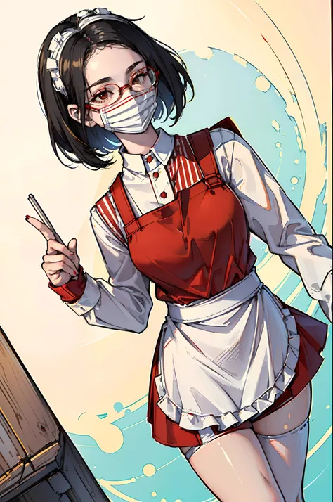 (masterpiece, best quality), 1girl, black Hair, shaved side haircut, ((wearing a White apron, red and white long sleeve shirt)), ((red short shorts with yellow stripes)), striped stockings, wearing glasses, ((halfbody pose, focus shot)), ((smiling, standin...