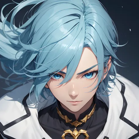 (absurderes, hight resolution, ultra-detailliert, nffsw), masutepiece, Best Quality, blue hairs , Short hair, Handsome boy, anime eyes, Mobile Legends Hero, Detailed Sebe, detailed character