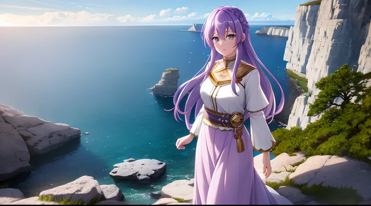 Athena with plain long light purple hair,hair between eyes,green eyes,rosy cheeks,full lips,thin eyebrows,slender body,wearing winter fur clothes and full long skirt,cute anime girl,full body,rocky cliffs shore in background,anime style,Lumen Reflections,S...