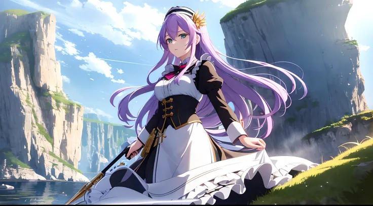 Athena with plain long light purple hair,hair between eyes,green eyes,rosy cheeks,full lips,thin eyebrows,slender body,wearing black maid uniform with frills and full long skirt,cute anime girl,full body,rocky cliffs shore in background,anime style,Lumen R...