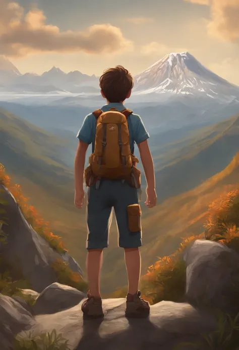 There is a cute boy standing on a mountain with a backpack on his back, mountains on background, with mountains in the background, standing in front of a mountain, wearing adventure gear, at the top of the mountain, at the top of the mountain, hiking cloth...