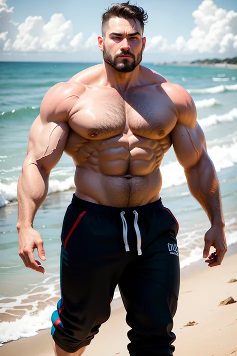 Extremely strong man at the beach wearing sweatpants and no shirt, impressing girls at the beach