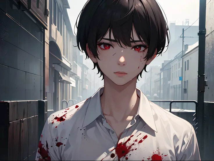 masterpiece, best quality, 1boy, red eyes, black hair, short hair, white shirt, covered in blood, raining, detailed eyes, detailed facial features, realistic and high resolution (best quality, 4k, 8k, highres, masterpiece:1.2)