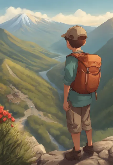 There is a cute boy standing on a mountain with a backpack on his back, mountains on background, with mountains in the background, standing in front of a mountain, wearing adventure gear, at the top of the mountain, at the top of the mountain, hiking cloth...