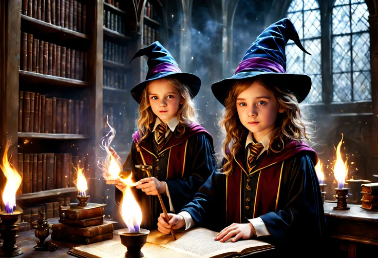 (best quality, 4k, high resolution, masterpiece: 1.2), ultra detailed, (realistic, photorealistic, photorealistic: 1.37), student children at a Hogwarts magic academy, fantasy, mystical, enchanted, spell casting, waving wands , robes, library, classroom, b...