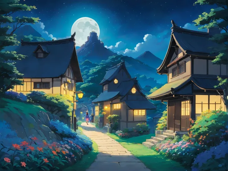 There is a path in the moonlight，A large black shadow leads a small black shadow，Flowers bloom next to the path，There are stars and a round moon in the sky，There are houses with lights on not far away