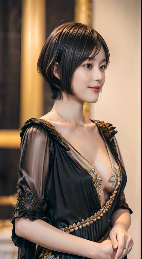 76
(20-year-old princess,is standing), (A hyper-realistic), (masutepiece), ((short-hair:1.46)), (Smooth black hair), (Breast:1.0), (kindly smile:0.9), (Luxurious dresses:1.46), Majestic Palace, Orange Lipstick