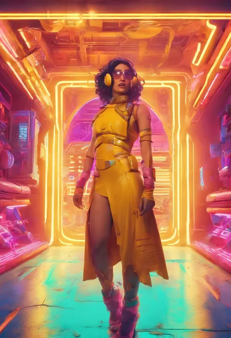 a Hispanic woman, in a short yellow dress incorporated into a cyberpunk setting, rendered at maximum 8K quality, in an ultra realistic photo style, emphasis on fine details and vibrant colors, use of realistic light and shadow effects with RTX, post-proces...