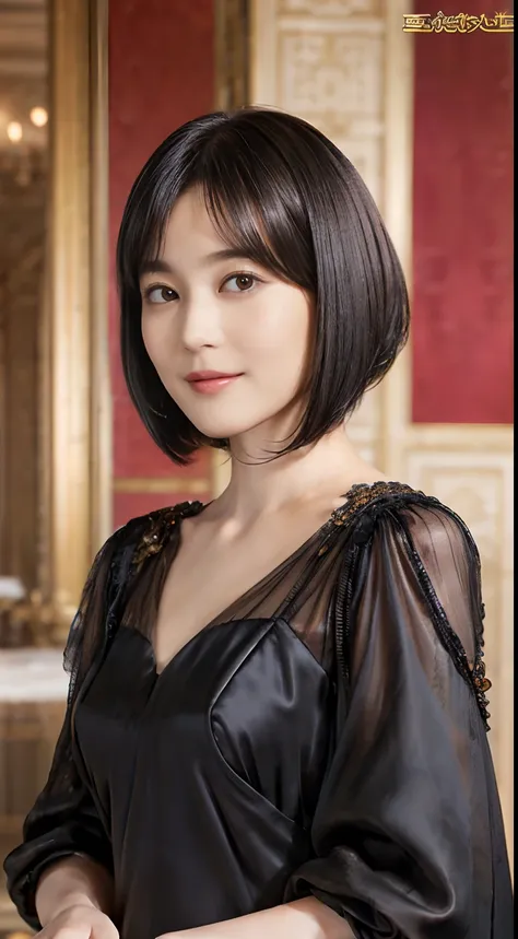 76
(20-year-old princess,is standing), (A hyper-realistic), (masutepiece), ((short-hair:1.46)), (Smooth black hair), (Breast:1.0), (kindly smile:0.9), (Luxurious dresses:1.46), Majestic Palace, Orange Lipstick