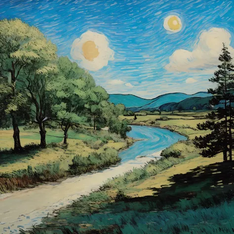 A painting of a river flowing through a lush green field, in the style of van gogh, Inspired by J. Aldenville, near a river, Van Gogh style, Inspired by Marianne von Werefkin, Inspired by Dwight William Tryon, In the style of Hans Thomas, van gogh art styl...