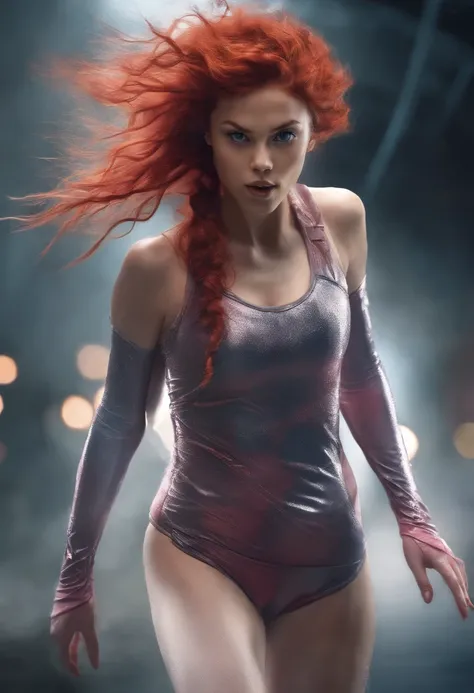 Closeup Shot 1 Young woman, frizzy red hair, running on track, Backlite lighting, ahegao, ponytails, (HDR:1.3), (muted colors:1.2), dramatic, complex, cinematic, filmic background, (Rutkowski, artstation: 0.8), wet, running suit, artistic nude, seductive l...