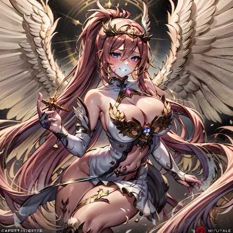 Quality over 8K, a female angel,Sexy,Long Blonde Hair,Anime,Goddess,Symmetrical blue eyes,Ultra detailed eyes,Transparent lingerie,forest,Sword,golden wings,Full body,hyperdetailed lips, hyperdetailed face, Double eyelids, Ultra Detailed feet,で,Beautiful l...