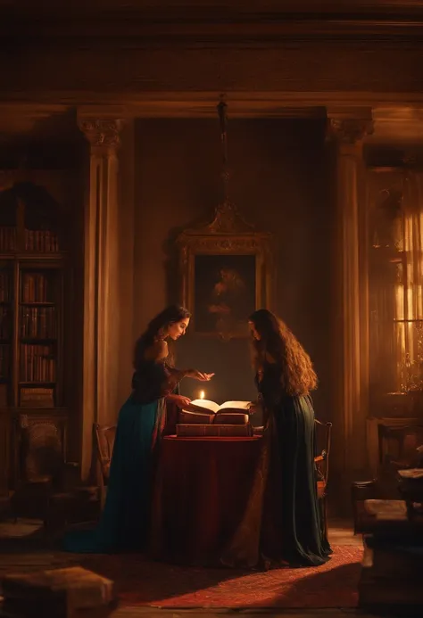 插圖, tres mujeres, son brujas, luchando contra un demonio, background of an old penthouse, Theyre standing in front of an old book reciting a spell