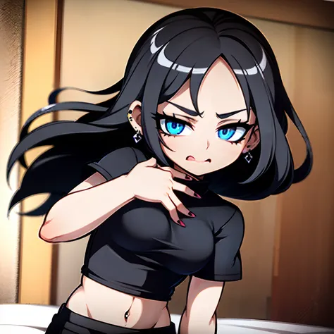 1woman, medium breasts, tiny waist, medium butt, wearing tight black t-shirt, midriff, wearing black and white checkered skirt, black hair, long hair, straight hair, exposedforehead, light blue eyes, wearing giant black boots, ear piercings, earrings, eyeb...