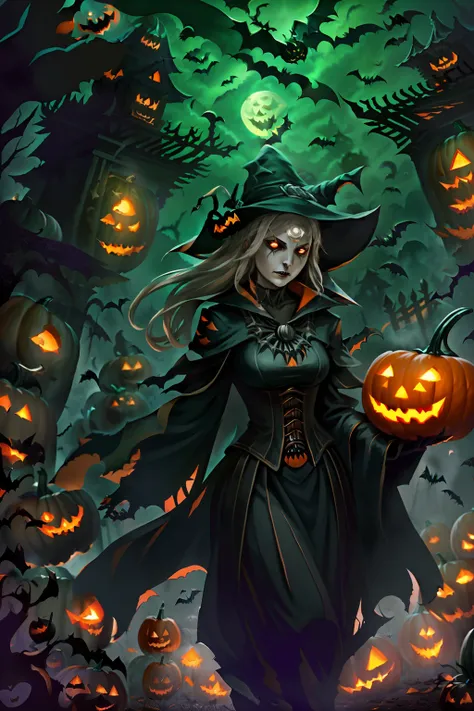 ((Need)), ((tmasterpiece)), (A detailed), (fantasy illustrations:1.3),(halloween night:1.6)，The mysterious aura of ghosts，red - eyed，Meniscus，Red Moon，borgar，(pumpkins:1.5)，Bat close-up，hag， 独奏， Dark black cloak，Great dynamic style injects mystery into the...