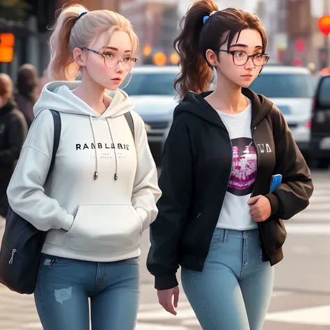 realisticlying，18-year-old female，High ponytail，eye glass，White hoodies，denim pant