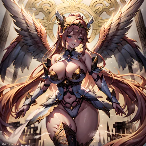 Quality over 8K, a female angel,Sexy,Long Blonde Hair,Anime,Goddess,Symmetrical blue eyes,Ultra detailed eyes,Transparent lingerie,forest,Sword,golden wings,Full body,hyperdetailed lips, hyperdetailed face, Double eyelids, Ultra Detailed feet,で,Beautiful l...