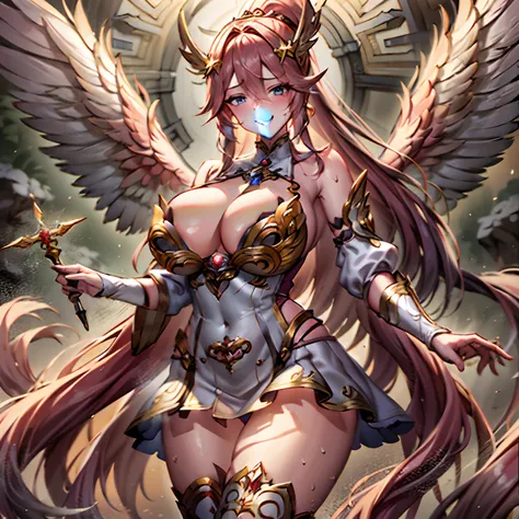 Quality over 8K, a female angel,Sexy,Long Blonde Hair,Anime,Goddess,Symmetrical blue eyes,Ultra detailed eyes,Transparent lingerie,forest,Sword,golden wings,Full body,hyperdetailed lips, hyperdetailed face, Double eyelids, Ultra Detailed feet,で,Beautiful l...