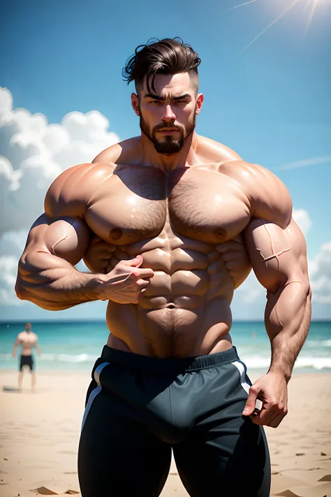 Extremely strong man at the gym wearing sweatpants and no shirt, impressing girls at the beach, insanely large penis, very big chest