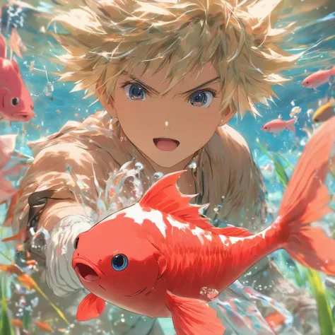 (Best quality,4K,8K,A high resolution,Masterpiece:1.2),Ultra-detailed, Inside the glass case is a cute little pink fish，with short white hair，A breeze breaks the lid，A little boy holds a glass cover in his hand，Leaning his face against the glass cover and ...