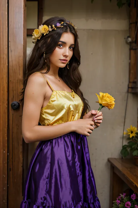 A beautiful brunette gypsy woman wearing a purple dress with yellow and holding a red rose in her hand