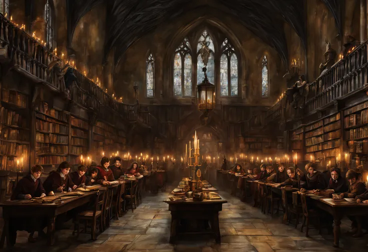 (best quality,highres),(realistic:1.37),Harry Potter inside Hogwarts Academy,portrait,magic,students,cloak,candles,dark corridors,great hall,moving staircases,sorting hat,quidditch match,wizarding world,spells,potions,classrooms,library,wand,quill,owl,hedw...