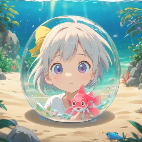 (Best quality,4K,8K,A high resolution,Masterpiece:1.2),Ultra-detailed, Inside the glass case is a cute little pink fish，with short white hair，A breeze breaks the lid，A little boy holds a glass cover in his hand，Leaning his face against the glass cover and ...