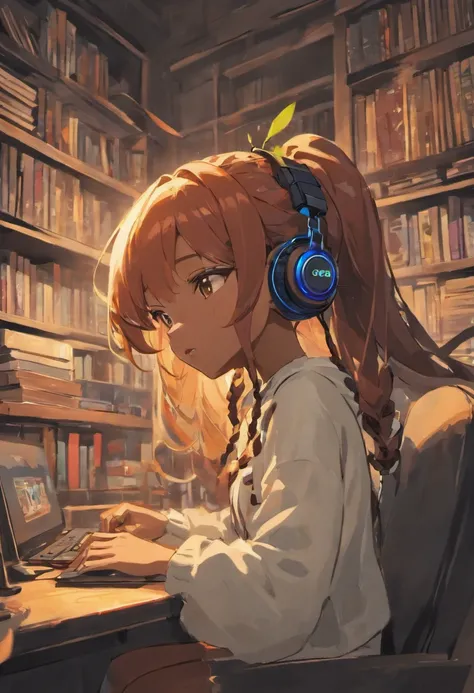 black girl with braids wearing a gaming headset. she’s playing a game on her gaming pc. her room is cozy with lots of books and plants. studio ghibli anime art style.