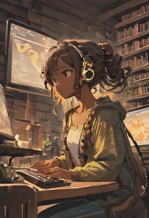 black girl with braids wearing a gaming headset. she’s playing a game on her gaming pc. her room is cozy with lots of books and plants. studio ghibli anime art style.