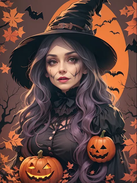 High quality design vector style image, T-shirt print style, Halloween style witch graphic art on white background, Bright, lifelike colors, An old-fashioned witch with a pointed hat, Warts on the nose，There is a black cat next to it, Halloween costume sty...