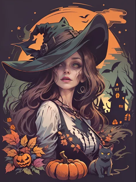 High quality design vector style image, T-shirt print style, Halloween style witch graphic art on white background, Bright, lifelike colors, An old-fashioned witch with a pointed hat, Warts on the nose，There is a black cat next to it, Halloween costume sty...