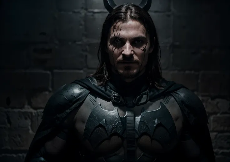 "Batman Christian Bale viking with a funny face, Left smile, Tears of blood, Dark, exceptional quality, multiple facial scars, Batman who laughs, dark viking armor, gothic style."