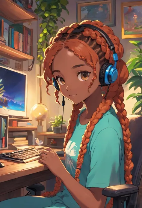 black girl with ginger box braids wearing a gaming headset. she’s playing a game on her gaming pc. her room is cozy with lots of books and plants. studio ghibli anime art style.