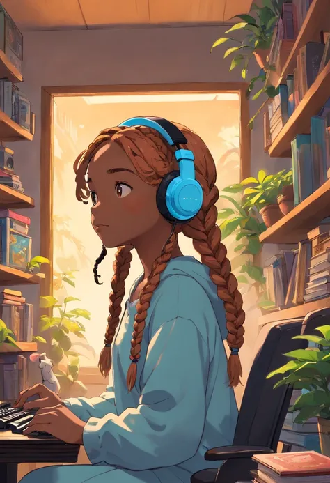 black girl with ginger box braids wearing a gaming headset. she’s playing a game on her gaming pc. her room is cozy with lots of books and plants. studio ghibli anime art style.