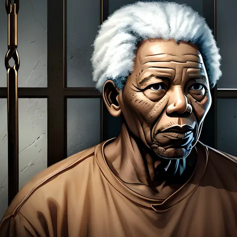 a realistic-style image of Nelson Mandela during his prison years, emphasizing the harsh conditions and confinement. The surroundings should evoke a sense of isolation, with attention to detail on the prison environment. The image must authentically depict...