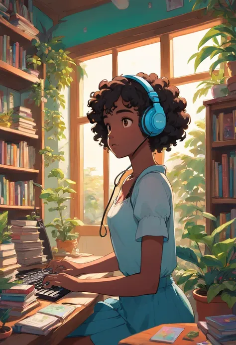 black girl with short curly wearing a gaming headset. she’s playing a game on her gaming pc. her room is cozy with lots of books and plants. she’s wearing corset outfits. She have a sad facial expression.