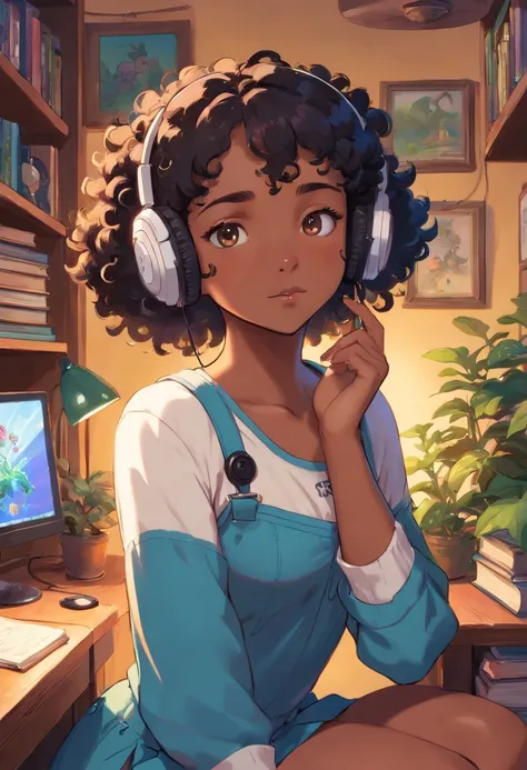 black girl with short curly wearing a gaming headset. she’s playing a game on her gaming pc. her room is cozy with lots of books and plants. she’s wearing corset outfits. She have a sad facial expression.