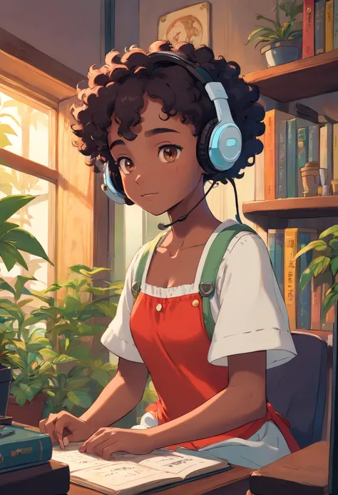 black girl with short curly wearing a gaming headset. she’s playing a game on her gaming pc. her room is cozy with lots of books and plants. she’s wearing corset outfits. She have a sad facial expression.