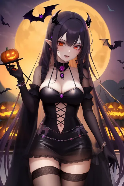 Witch with bats and pumpkins before the full moon, halloween art style, demon anime girl, in a halloween style, Extremely detailed Artgerm, by Kamagurka, fashionable dark witch, Demon Girl, dark witch character, beautiful elegant demon queen, Vampires, hal...