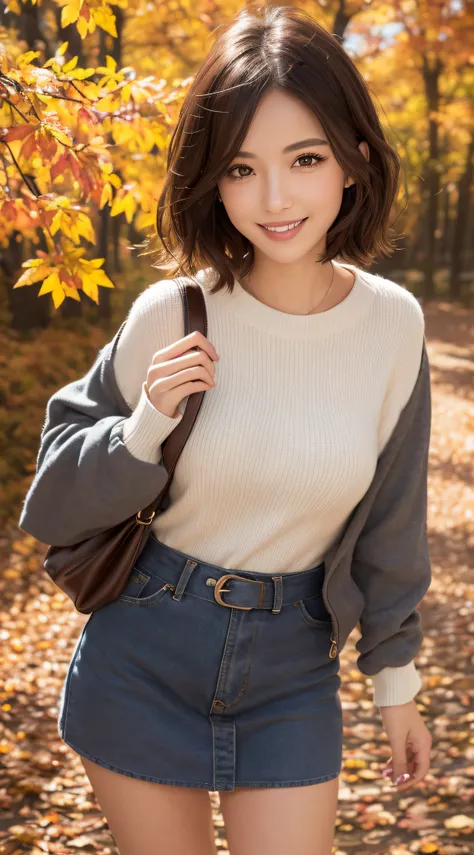 masutepiece, Best Quality, Illustration, Ultra-detailed, finely detail, hight resolution, in 8K, Perfect dynamic composition, Beautiful detailed eyes,  Natural Lip, short-hair、Autumn outfit ,  A smile、Plump、Autumn background of Japan