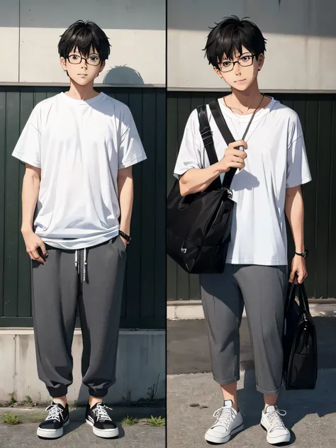 Height 174ｃｍWeight 64ｋｇMedium meat medium height、Black-haired short-haired and black-rimmed glasses、japanese male、He wears a white short-sleeved T-shirt and gray 7-minute pants、Wearing black sneakers and a shoulder bag