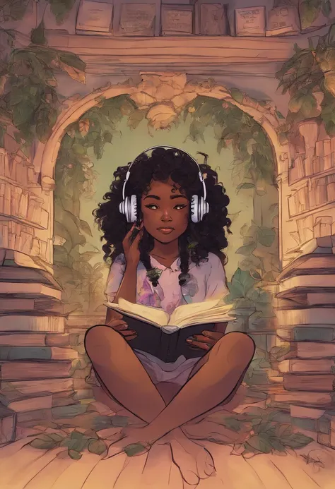 black girl with short curly wearing a gaming headset. she’s playing a game on her gaming pc. her room is cozy with lots of books and plants. she’s wearing corset outfits. She have a sad facial expression.