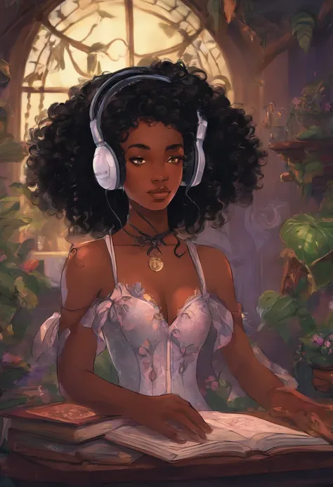 black girl with short curly wearing a gaming headset. she’s playing a game on her gaming pc. her room is cozy with lots of books and plants. she’s wearing corset outfits. She have a sad facial expression.