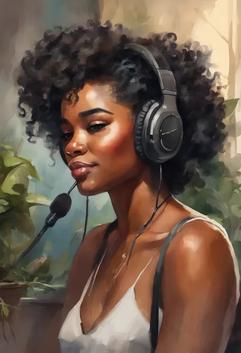 black girl with short curly wearing a gaming headset. she’s playing a game on her gaming pc. her room is cozy with lots of books and plants. she’s wearing corset outfits. She have a sad facial expression.