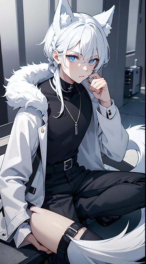 Boy with short white hairs aith a small side braid on the left side of the head, pale skin, clear blue eyes, wolf ears and tail, wearing a black and white shirt, a white fur jacket, jeans and black military boots, with a cut on his right cheek and neck