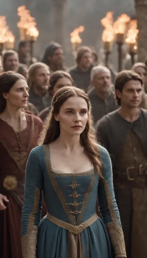 a woman in a medieval dress standing in front of a crowd of people, afterlife, after life, anti life, style of arcane tv series, after all, after a battle, style arcane tv series, altered carbon style, aftermath, after effects, live action movie, alfredo a...