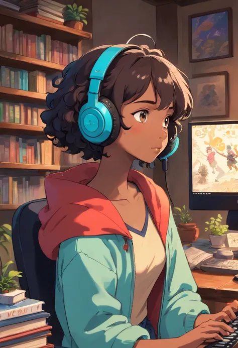 black girl with short curly wearing a gaming headset. she’s playing a game on her gaming pc. her room is cozy with lots of books and plants. she’s wearing corset outfits. She have a sad facial expression. her ears are pierced with beautiful earrings. put a...